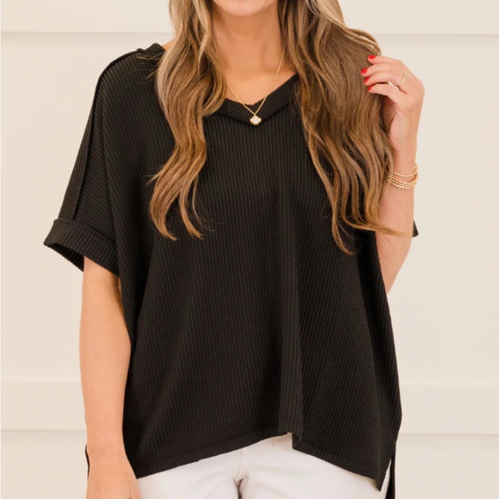 Chic Soul Black Ribbed Short Sleeve Top